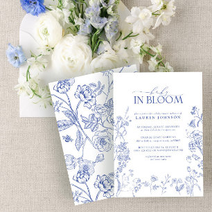 Invitation Élégante Chinoiserie Bleu Floral Baby En Fleur