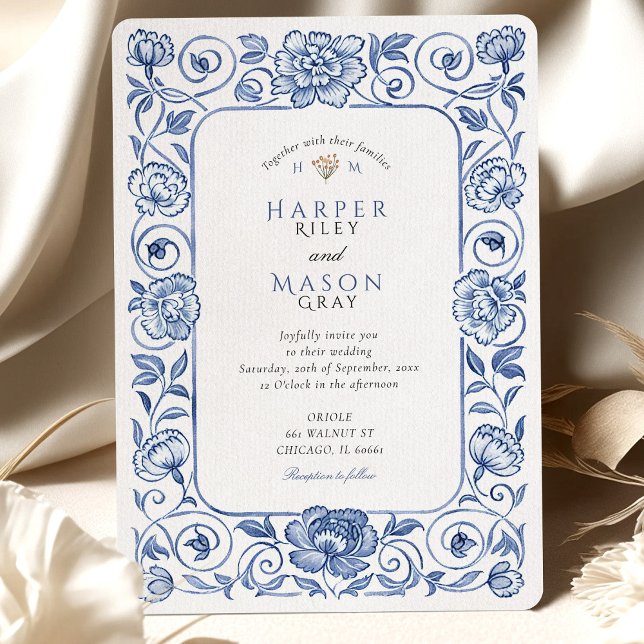 Invitation Élégante Chinoiserie Mariage floral bleu et blanc (Créateur téléchargé)