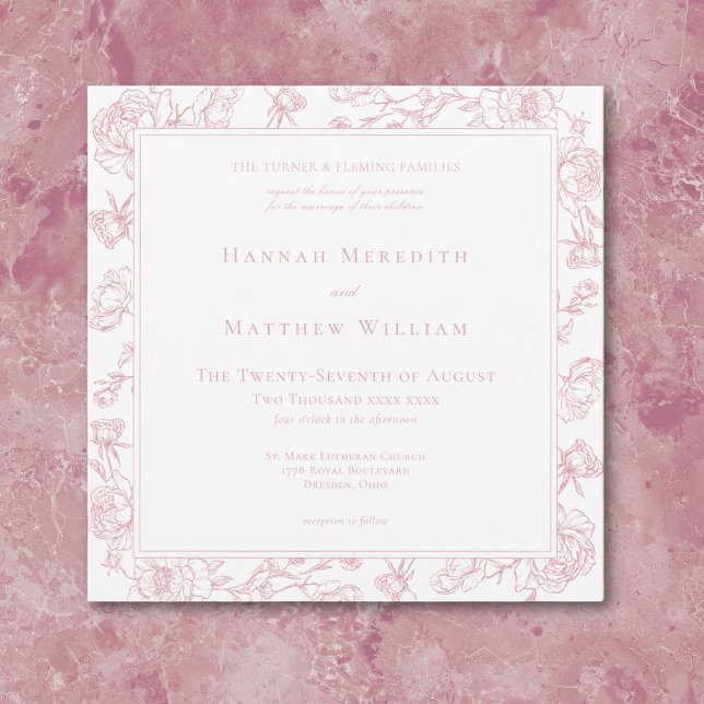 Invitation Élégante Chinoiserie rose Mariage d'oiseaux et de  (Elegant Pink Chinoiserie Bird & Crest Wedding Invitation)
