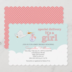 Invitation Élégante cigogne portant bébé BABY SHOWER NUAGE FI