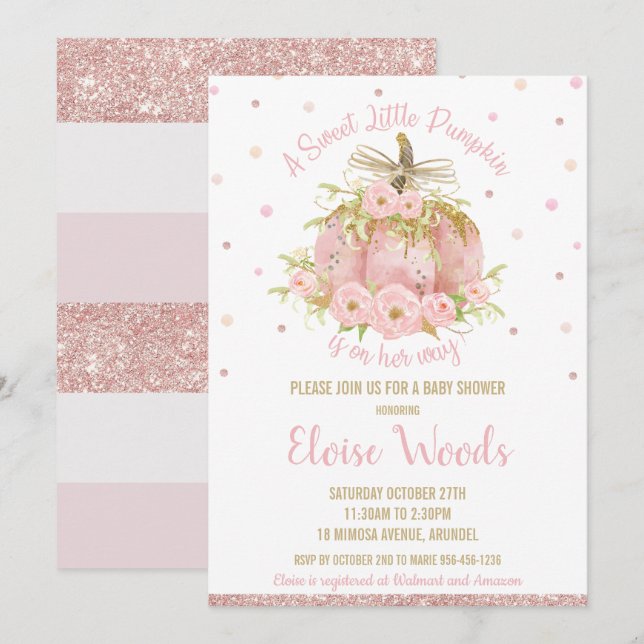 Invitation Élégante Citrouille rose Baby shower fille (Devant / Derrière)