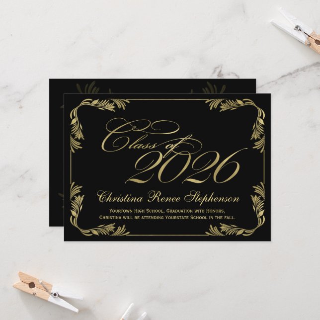 Invitation Élégante Classée Noire/Or 2023 (Devant/Arrière en situation)