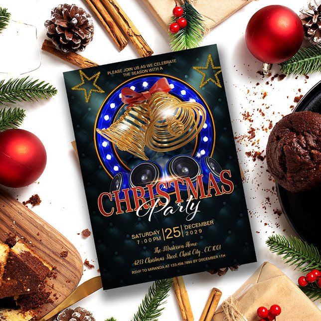 Invitation Élégante cloches or et étoiles or Noël (Créateur téléchargé)