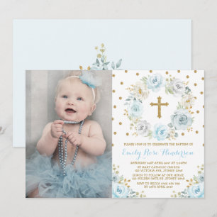 Invitation Élégante Communion Baptême Florale Bleu Dusty