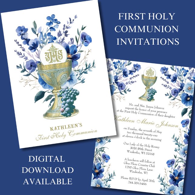 Invitation Élégante Communion Catholique Florale (Créateur téléchargé)