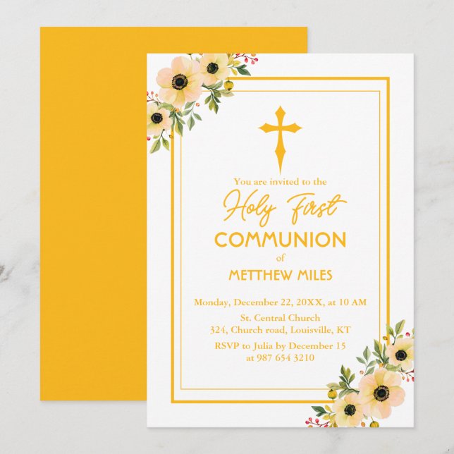 Invitation Élégante communion florale première catholique (Devant / Derrière)