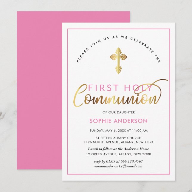 Invitation Élégante Communion Sainte Rose Et Or (Devant / Derrière)