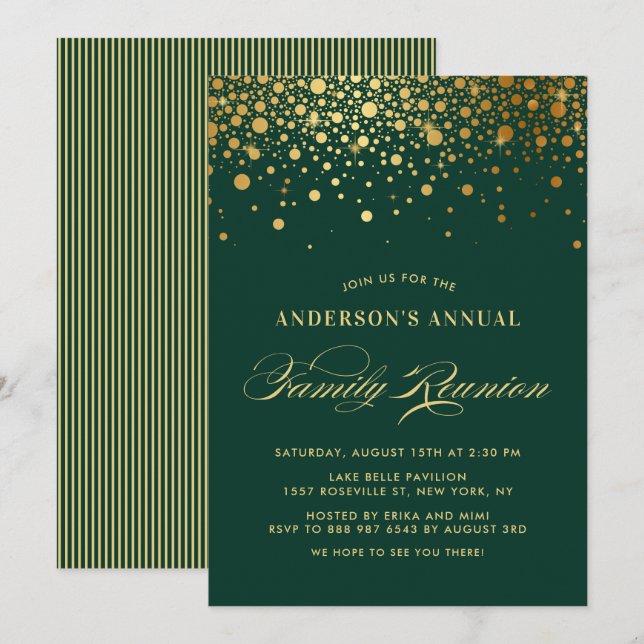 Invitation Elégante Confetti Gold Foil Green Family Réunion (Devant / Derrière)