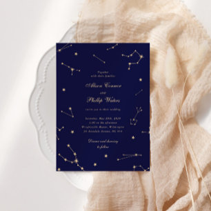 Invitation Élégante Constellation Bleu Et Or Mariage