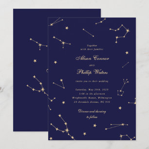 Invitation Élégante Constellation Bleu Et Or Mariage