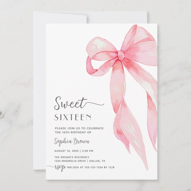 Invitation Elégante Coquette Bow Sweet sixteen anniversaire (Devant)