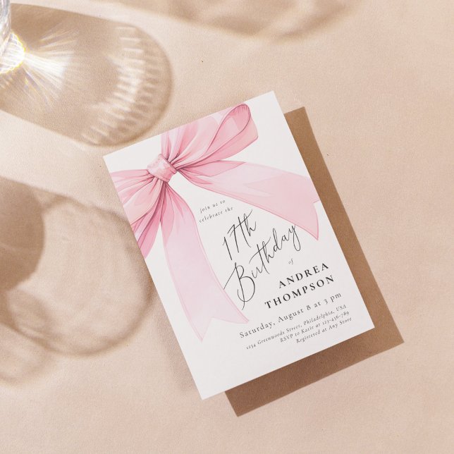 Invitation Élégante coquette rose Bow 17e anniversaire fille  (Créateur téléchargé)