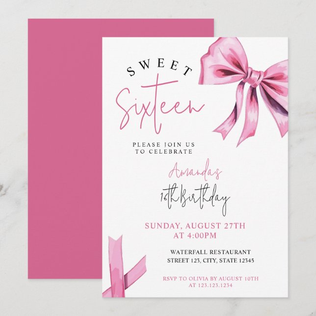 Invitation Élégante Coquette Rose Bow Sweet 16 Anniversaire (Devant / Derrière)