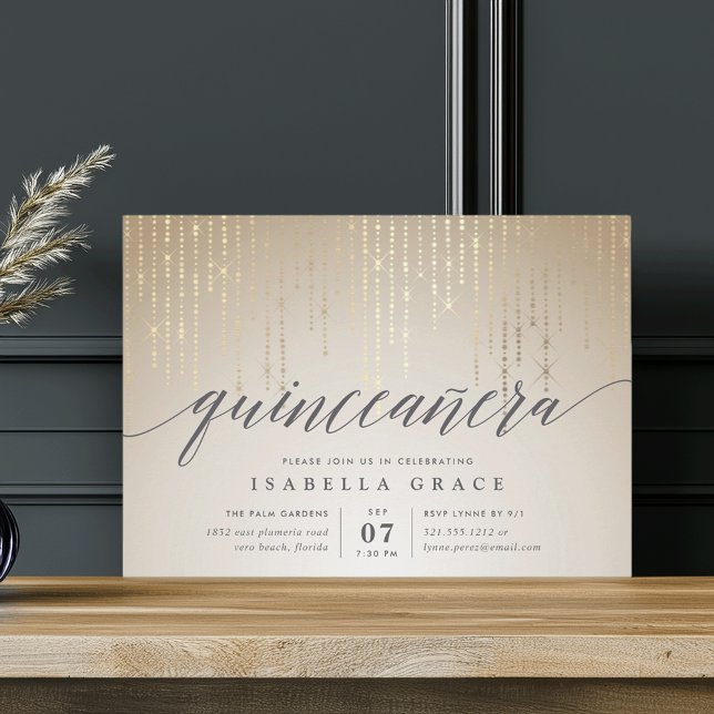 Invitation Élégante cordes d'or lumières Quinceanera (Créateur téléchargé)