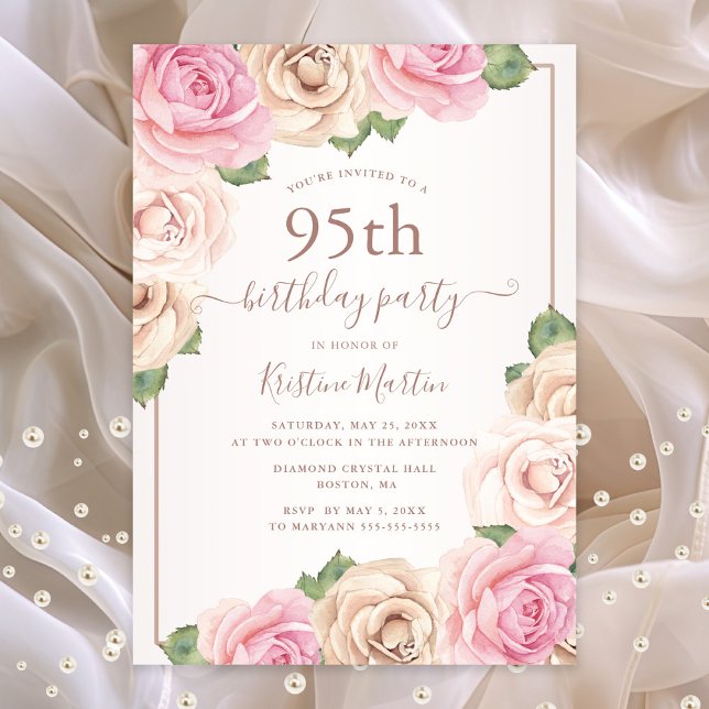 Invitation Elégante couleur or Rose Floral 95e anniversaire (95th birthday party invitation with pink roses)