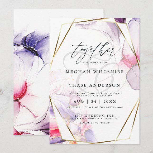 Invitation Elégante couleur rose Crimson et fluide Lilac (Devant / Derrière)