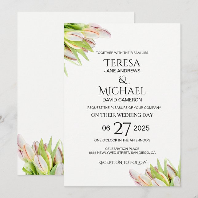 Invitation Elégante couleur rose et vert Mariage Tulipe (Devant / Derrière)