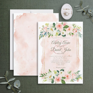 Invitation Elégante couleur rose pâle Aquarelle Flore Script