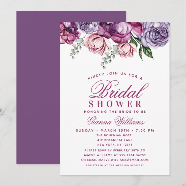 Invitation Elégante couleur violet Fête des mariées florale (Devant / Derrière)