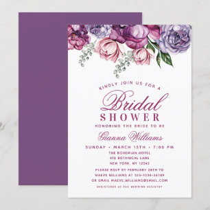 Invitation Elégante couleur violet Fête des mariées florale