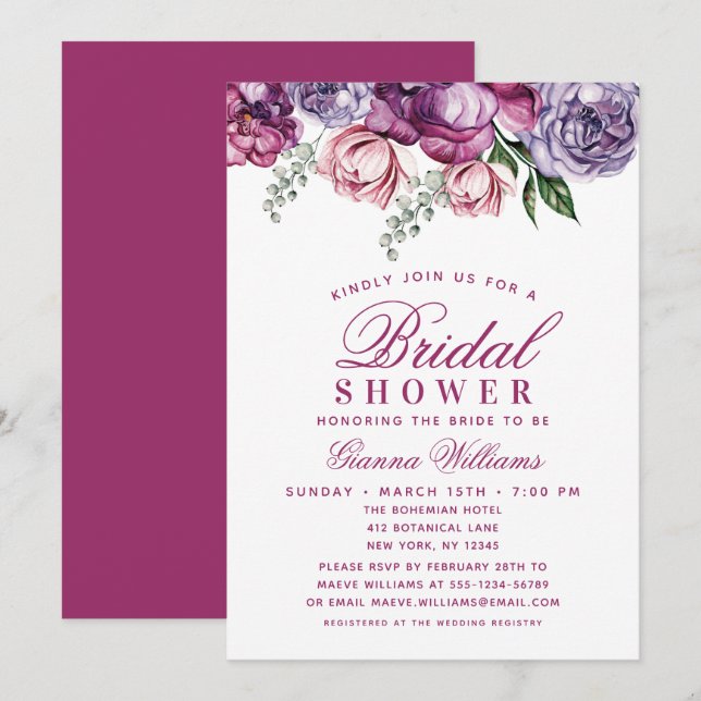 Invitation Elégante couleur violet Fête des mariées florale (Devant / Derrière)