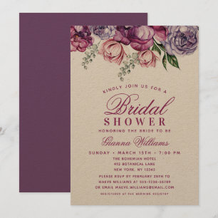 Invitation Elégante couleur violet Fête des mariées florale