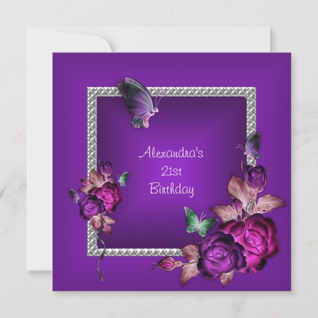 Invitation Élégante couleur violet fleuris de bijoux en argen (Devant)