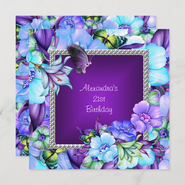 Invitation Élégante couleur violet fleuris de bijoux en argen (Devant / Derrière)