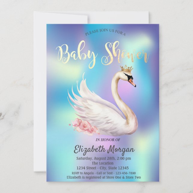Invitation Elégante Couronne de cygne Baby shower holographiq (Devant)