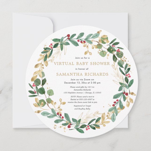 Invitation Élégante couronne de Noël Baby shower virtuel (Devant)