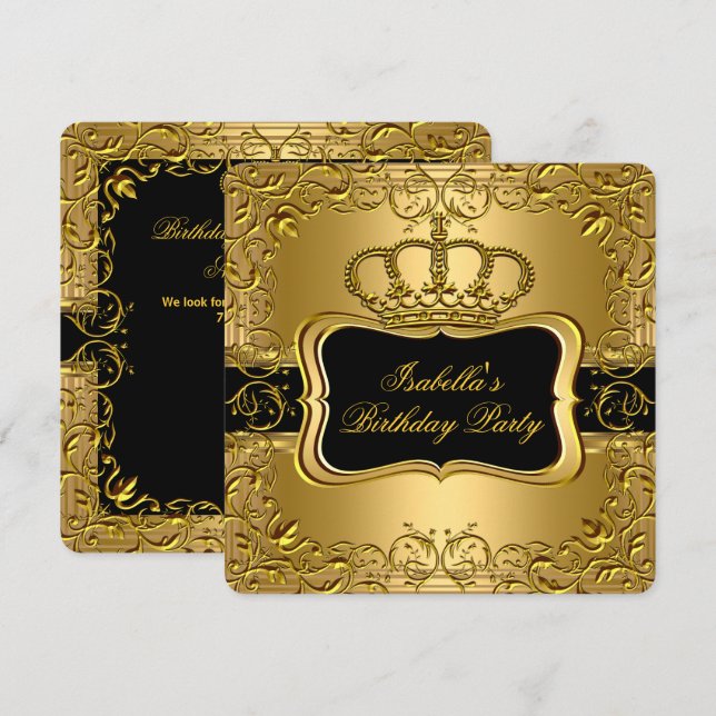 Invitation Elégante Couronne d'or noir Floral fête d'annivers (Devant / Derrière)