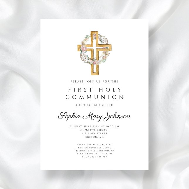 Invitation Élégante couronne florale Croix première communion (Elegant Floral Wreath Cross Girl First Communion Invitation)