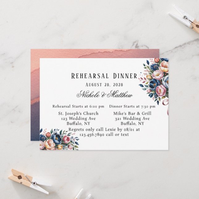 Invitation Élégante couronne Florale Pour Le Dîner De Répétit (Devant/Arrière en situation)