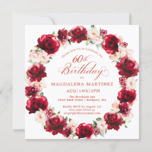 Invitation Élégante couronne florale rose rouge 60e anniversa