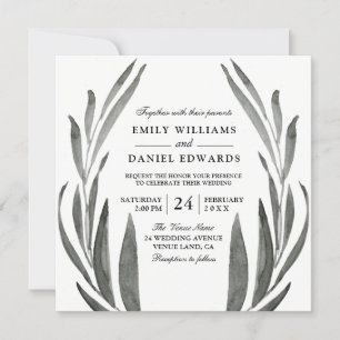 Invitation Élégante couronne Mariage noir & blanc simple feui