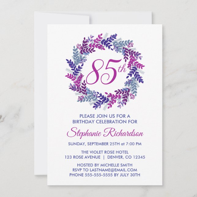 Invitation Élégante couronne rose et pourpre 85e anniversaire (Devant)