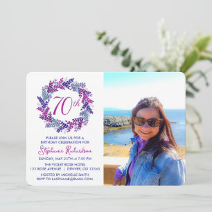 Invitation Élégante couronne rose violet 70e fête d'anniversa