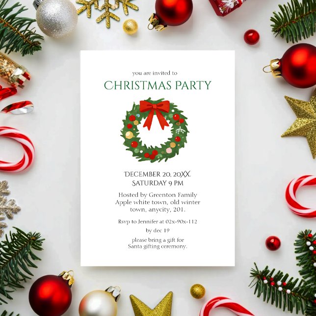 Invitation Élégante couronne verte avec fête de Noël de la Bo (Créateur téléchargé)