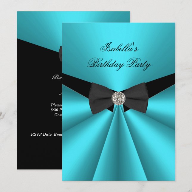 Invitation Elégante Cravate Turquoise de Bow Noir Anniversair (Devant / Derrière)