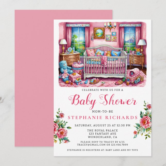 Invitation Élégante crèche rose Crib Salle de bébé Douche béb (Devant / Derrière)