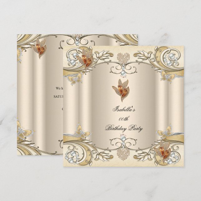 Invitation Elégante Crème Beige Gold Butterfly Anniversaire (Devant / Derrière)