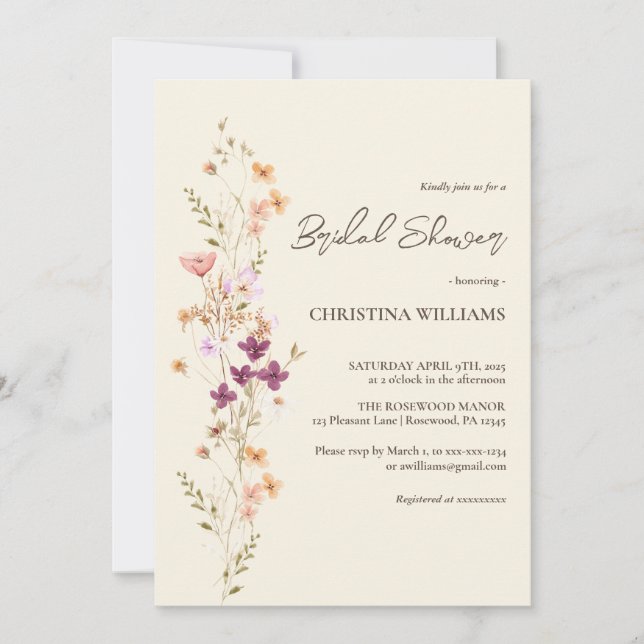 Invitation Elégante Crème Boho Fleur sauvage Fête des mariées (Devant)