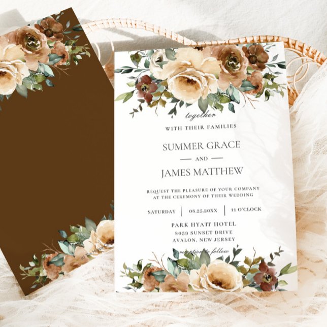 Invitation Elégante Crème Brown Roses Floral Vert Mariage (Créateur téléchargé)