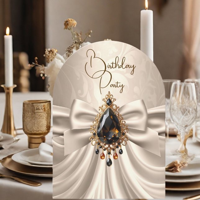 Invitation Elégante Crème d'Anniversaire Beige Bijou d'Or Bow (Créateur téléchargé)