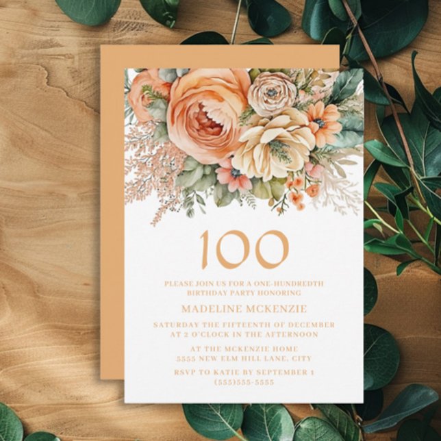 Invitation Elégante Crème de Pêche Florale 100e anniversaire (Peach and cream-colored watercolor floral 100th birthday party invitation)