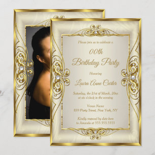 Invitation Élégante Crème de Perle Dorée Photo Fête d'Anniver