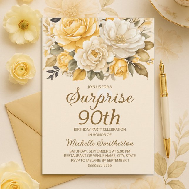 Invitation Elégante Crème d'ivoire jaune Floral Surprise 90èm (Yellow and cream floral 90th birthday invitation)