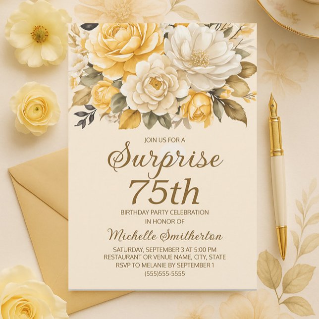 Invitation Elégante Crème d'ivoire jaune Surprise florale (Elegant yellow and cream-colored watercolor floral surprise 75th birthday party invitation)