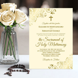 Invitation Elégante Crème d'ivoire & Or Mariage catholique mo