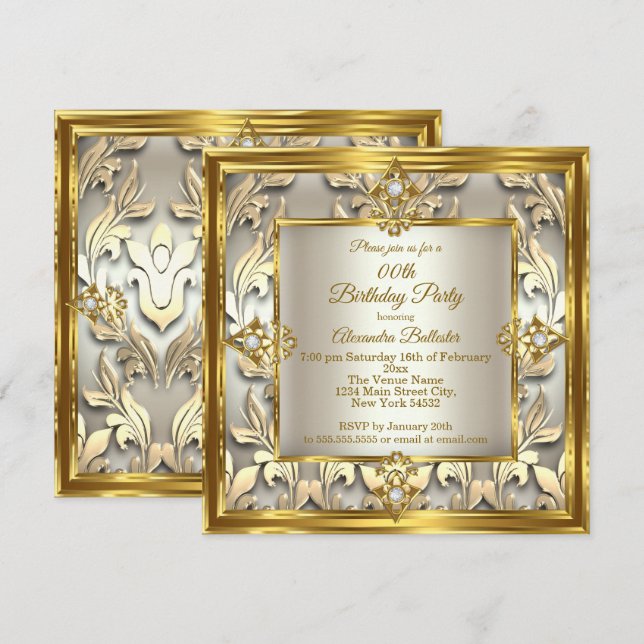 Invitation Elégante Crème dorée beige Damas fête d'anniversai (Devant / Derrière)